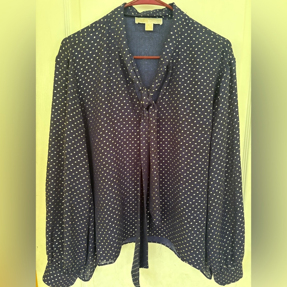 Michael Kors paisley polka Dot Women's Top - silver and navy blouse Size L